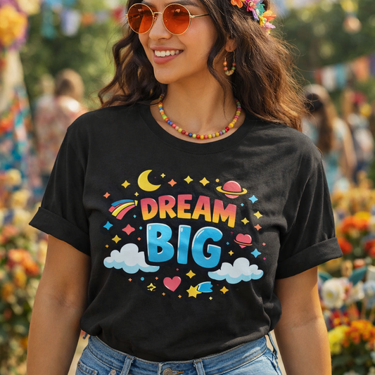 Retro bubble letters saying Dream Big surrounded by colorful stars, planets, and clouds on a black background.