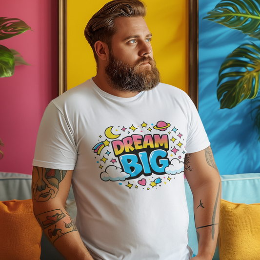Retro bubble letters saying Dream Big surrounded by colorful stars, planets, and clouds on a black background.