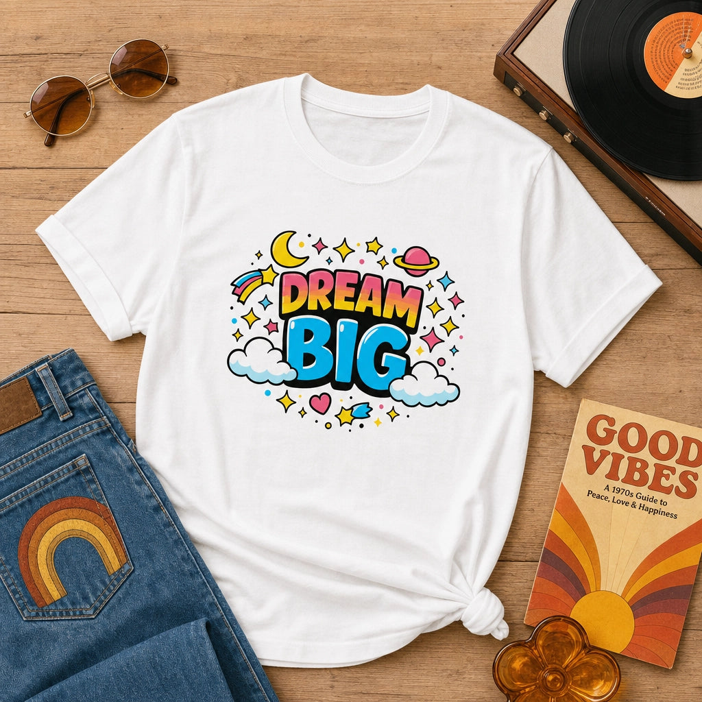 Retro bubble letters saying Dream Big surrounded by colorful stars, planets, and clouds on a black background.