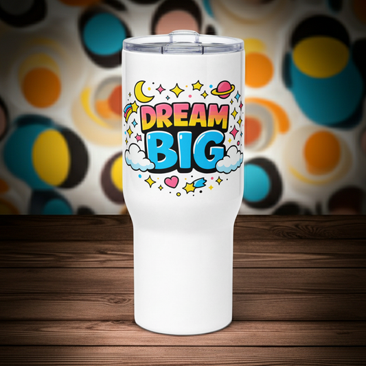 Dream Big, cosmic design with colorful planets, stars, and clouds wrapped around a stainless steel travel tumbler.