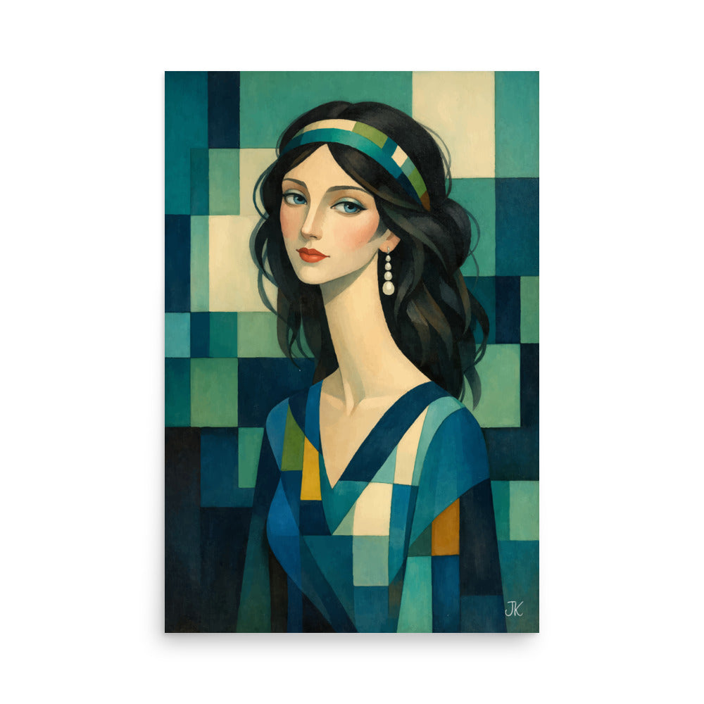 Modern cubist painting of a woman with dark hair and blue eyes against a teal and navy geometric square background.
