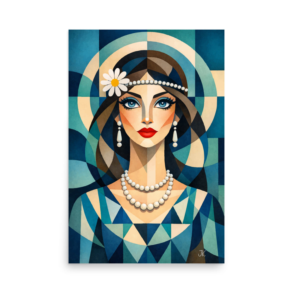 Geometric Cubist portrait of a woman with pearls and a daisy in teal and blue tones, modern Boho wall art poster.