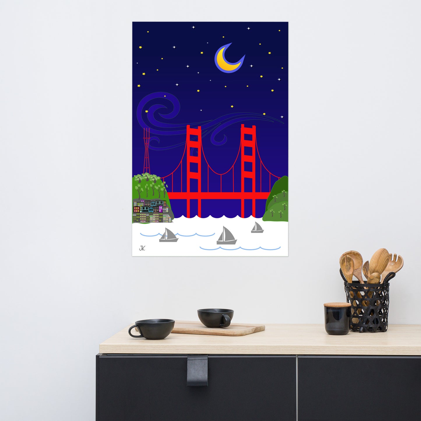 Starry night over the Golden Gate Bridge at night with a crescent moon, swirling stars, and sailboats.
