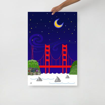 Starry night over the Golden Gate Bridge at night with a crescent moon, swirling stars, and sailboats.
