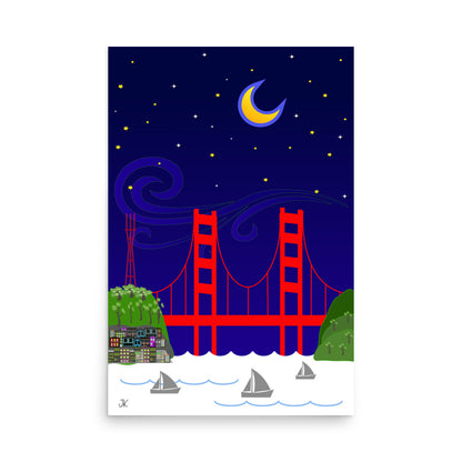 Starry night over the Golden Gate Bridge at night with a crescent moon, swirling stars, and sailboats.