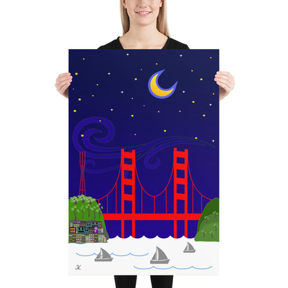 Starry night over the Golden Gate Bridge at night with a crescent moon, swirling stars, and sailboats.
