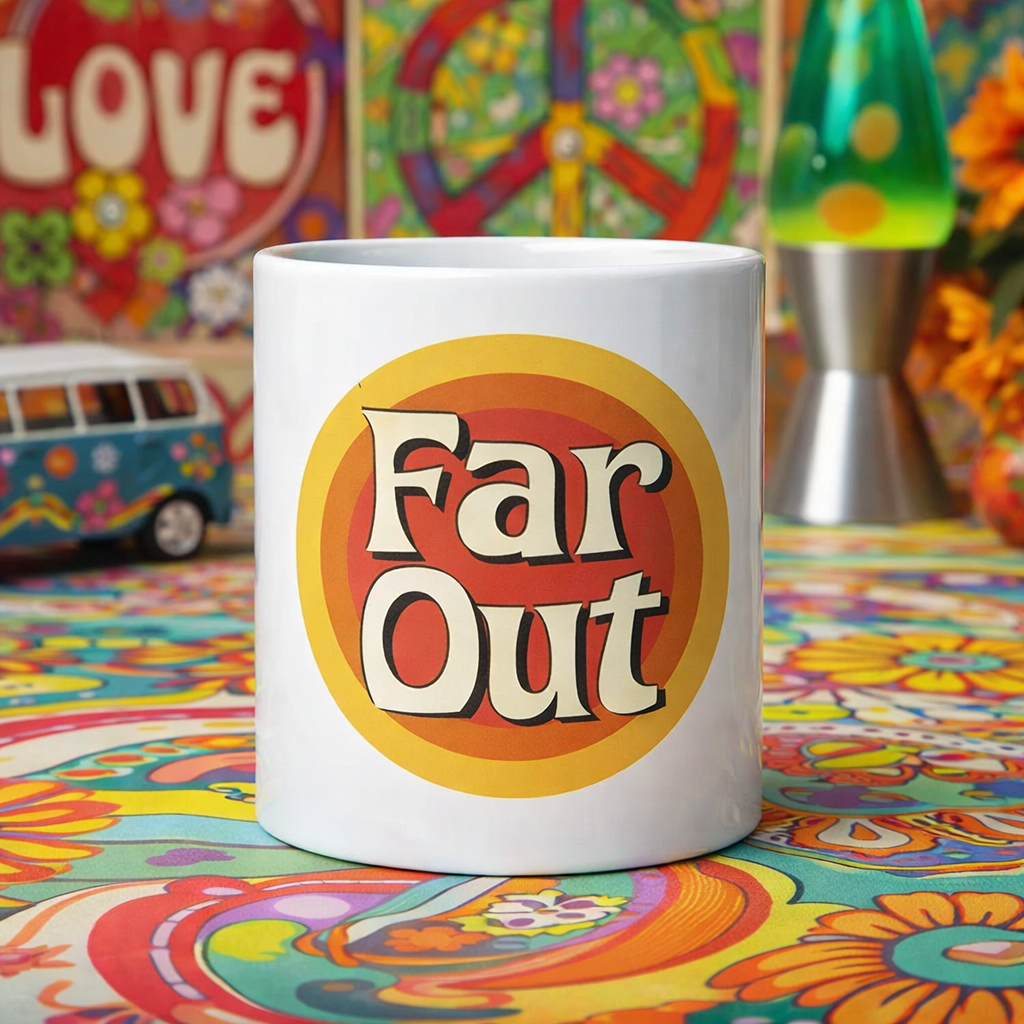 Retro Far Out Sunset Logo - White glossy mug