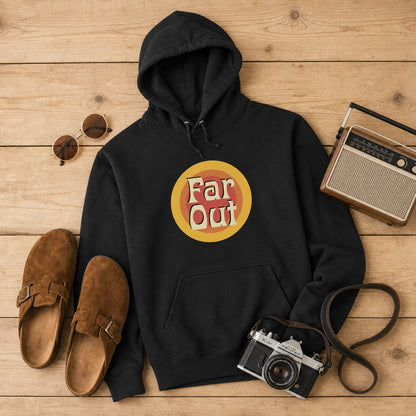 Comfortable unisex hoodie featuring the Far Out Goods retro sunset logo with orange and yellow circular gradients.