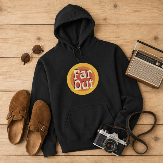 Comfortable unisex hoodie featuring the Far Out Goods retro sunset logo with orange and yellow circular gradients.