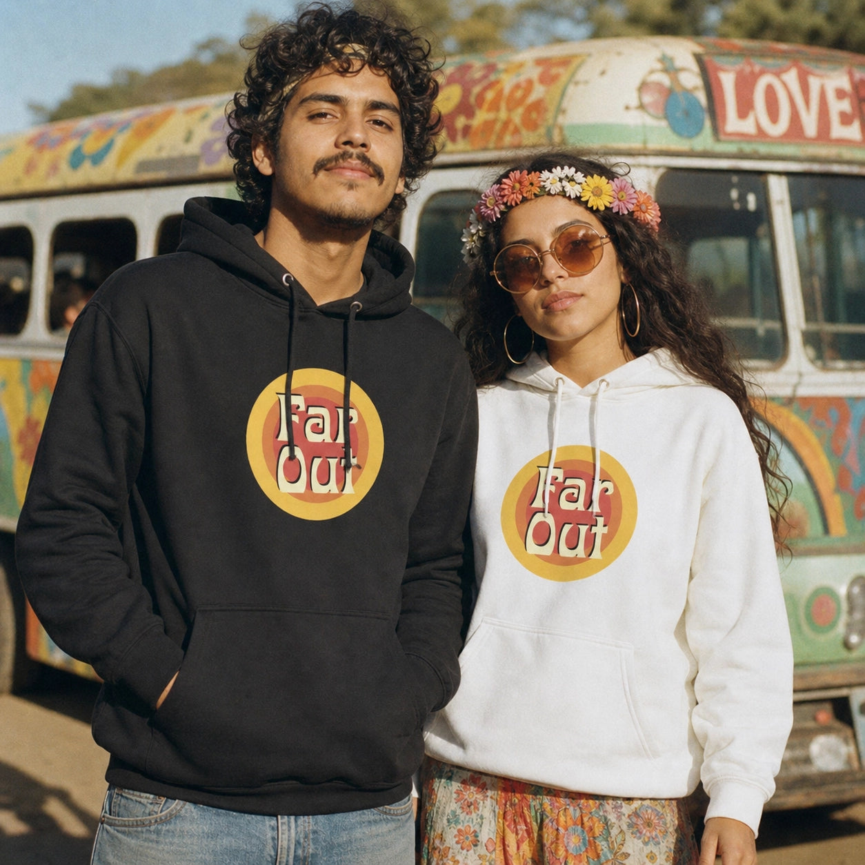 Comfortable unisex hoodie featuring the Far Out Goods retro sunset logo with orange and yellow circular gradients.