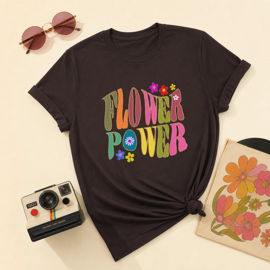 Unisex t-shirt featuring a vibrant 70s retro flower power design with orange, pink, and yellow floral patterns.