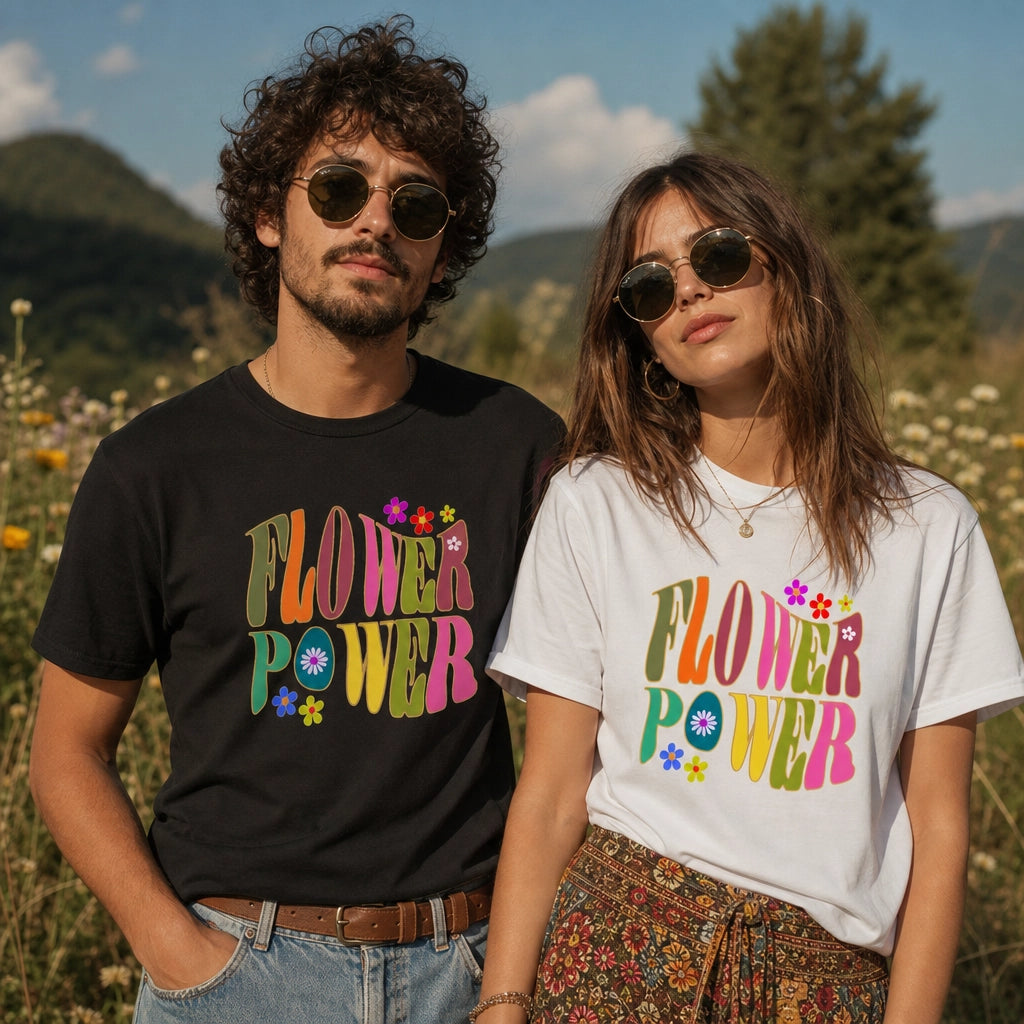 Unisex t-shirt featuring a vibrant 70s retro flower power design with orange, pink, and yellow floral patterns.