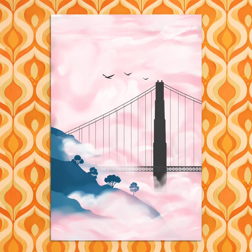 Vertical photography poster of the Golden Gate Bridge towers emerging from a thick layer of surreal, soft pink clouds under a pastel sunset sky.