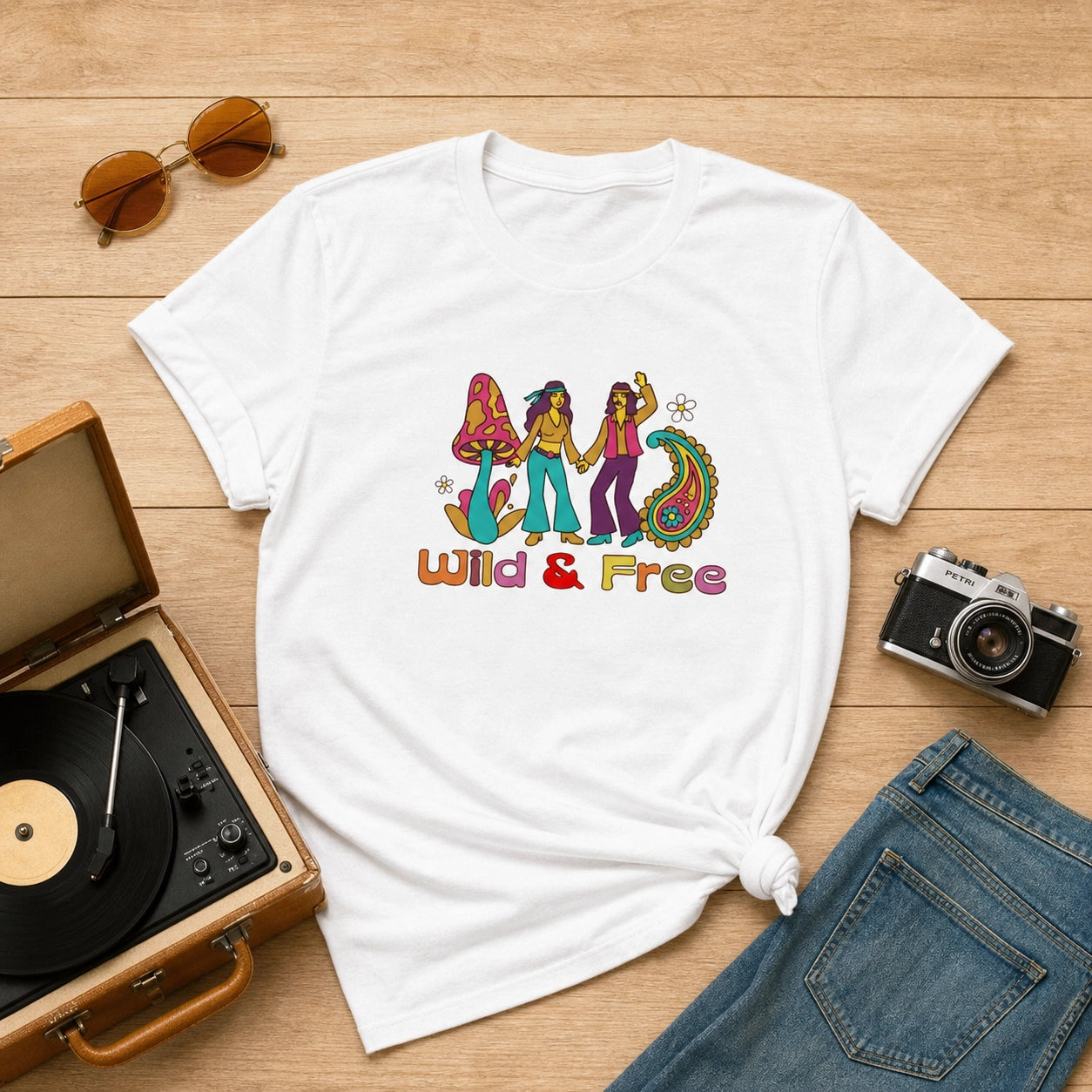 Front of a vintage-style unisex t-shirt featuring a colorful "Wild and Free" graphic with retro flowers and 70s typography.