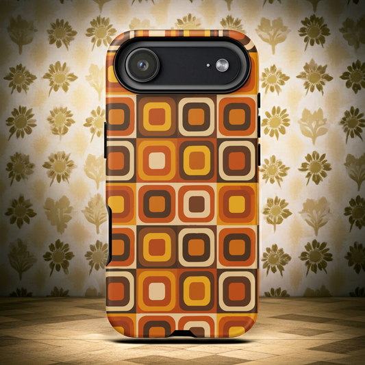 Durable dual-layer iPhone tough case featuring a retro 70s geometric pattern with interlocking orange, brown, and cream shapes on a glossy finish.