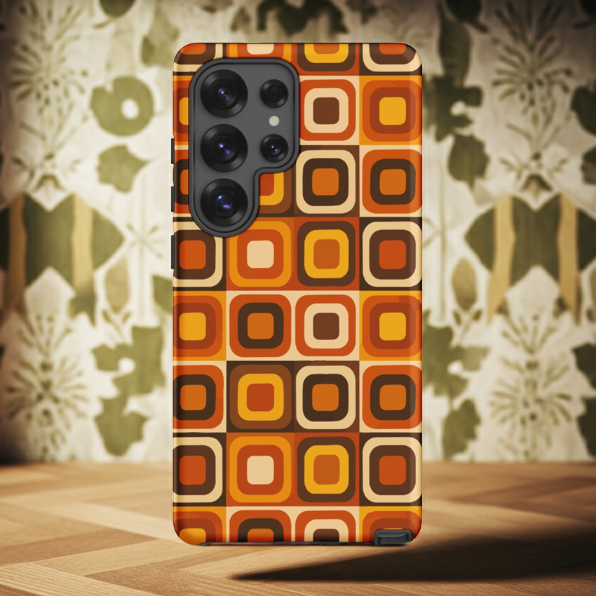 Durable dual-layer Samsung tough case featuring a retro 70s geometric pattern with interlocking orange, brown, and cream shapes on a glossy finish.