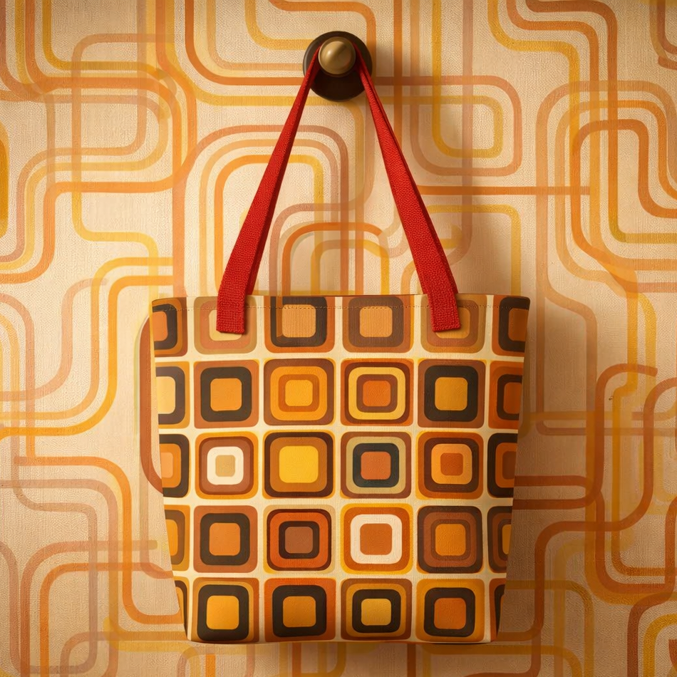 Large canvas tote bag with a 70s Mid-Century Modern geometric pattern featuring earthy orange, mustard yellow, and brown shapes on a cream background.