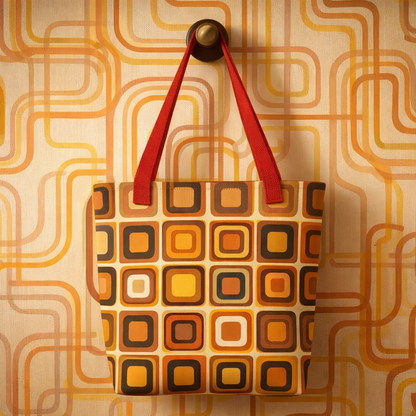Large canvas tote bag with a 70s Mid-Century Modern geometric pattern featuring earthy orange, mustard yellow, and brown shapes on a cream background.