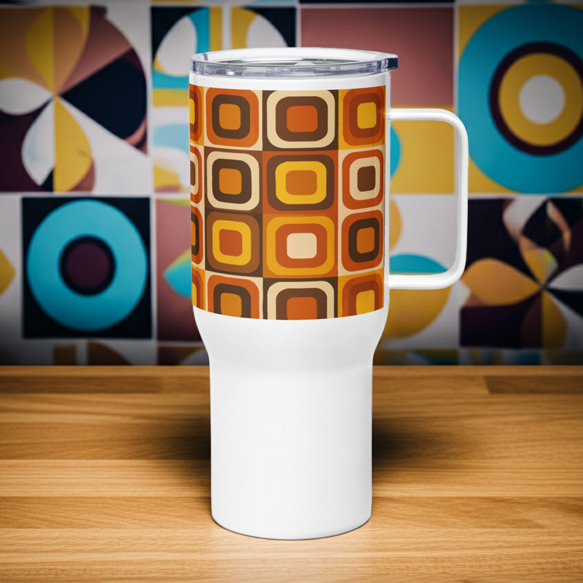 Insulated stainless steel travel mug with a handle, featuring a retro 70s geometric pattern in earthy orange, brown, and cream interlocking shapes.
