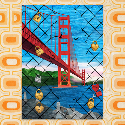 Close-up photography poster of colorful padlocks attached to a fence with the orange Golden Gate Bridge and blue San Francisco Bay in the background.