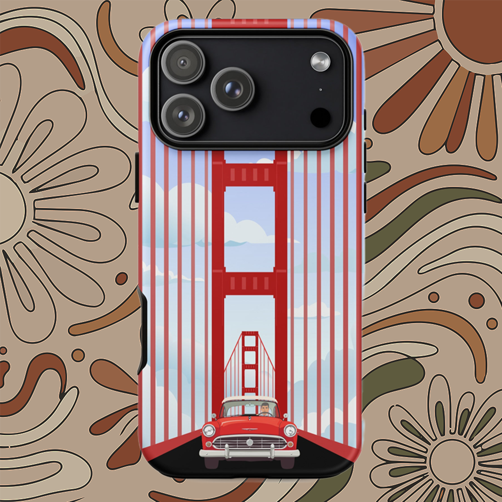 Minimalist illustration of a classic red car driving through the Golden Gate Bridge on an iPhone case