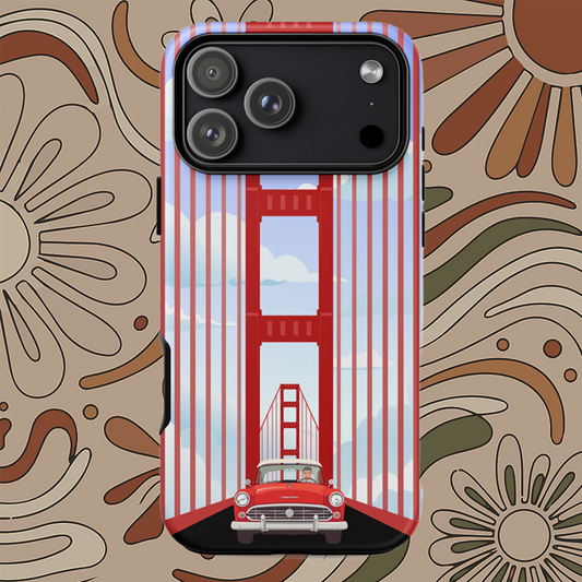 Minimalist illustration of a classic red car driving through the Golden Gate Bridge on an iPhone case