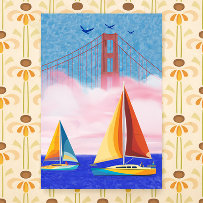Vertical wall art poster of a lone sailboat on the San Francisco Bay at sunset, featuring a soft pastel sky with fluffy pink and purple clouds.