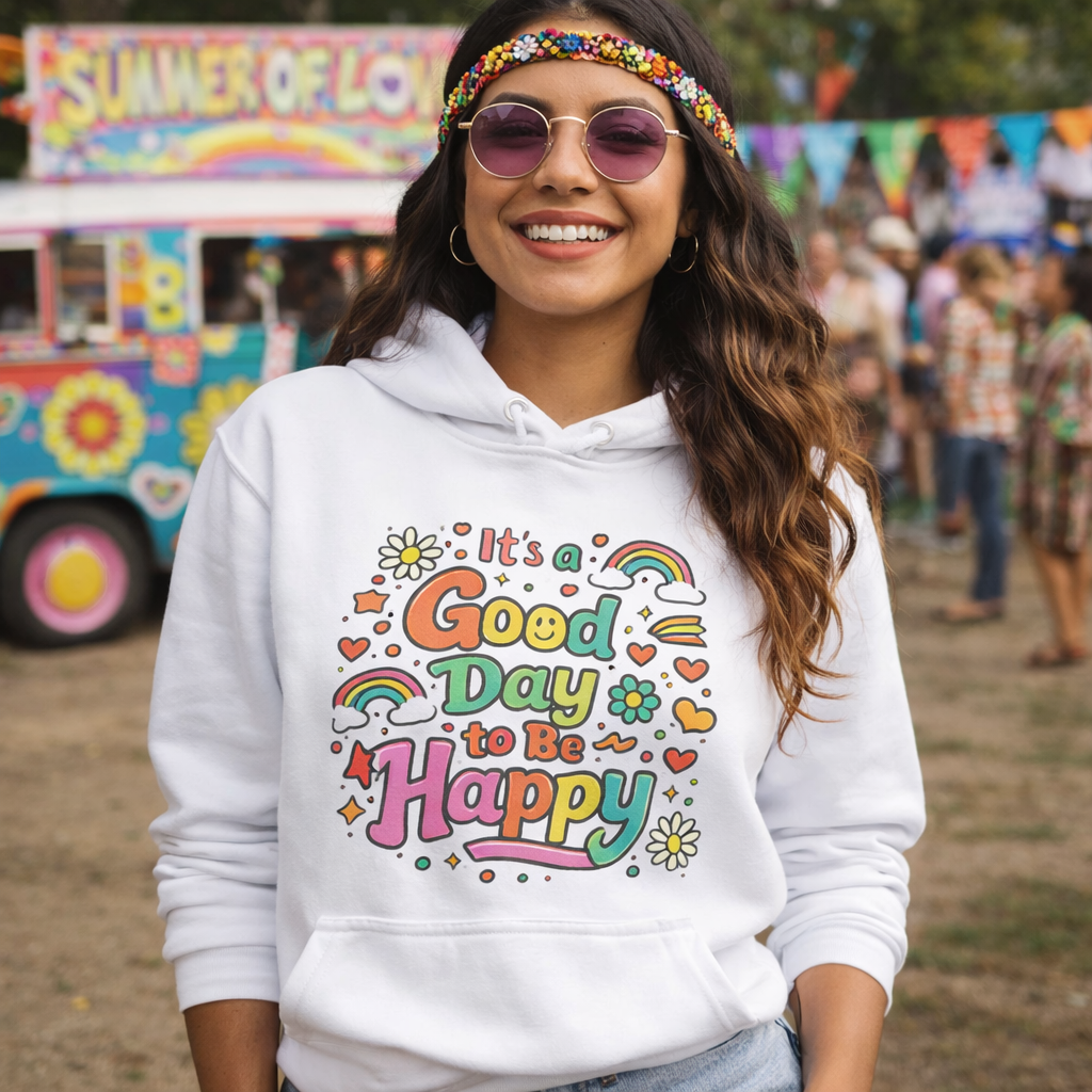 Colorful retro typography reading It’s a Good Day to Be Happy with rainbows and daisies on a black hoodie.