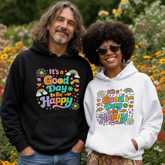 A man and a woman standing outdoors in a flower garden, each wearing a pullover hoodie with a colorful retro-style graphic that reads 'It's a Good Day to Be Happy.' The man's hoodie is black, and the woman's is white.