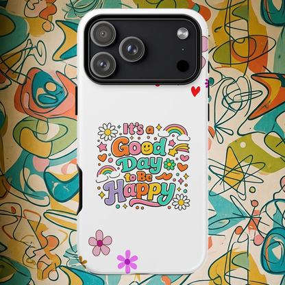 Product mockupRetro colorful typography saying It’s a Good Day to Be Happy with rainbows and daisies on a black iPhone case.