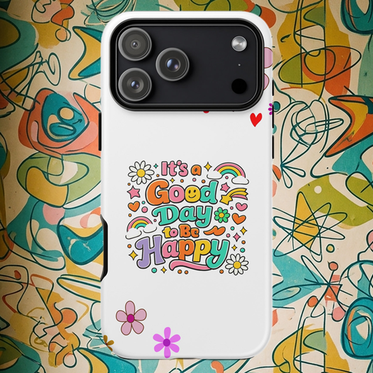 Product mockupRetro colorful typography saying It’s a Good Day to Be Happy with rainbows and daisies on a black iPhone case.