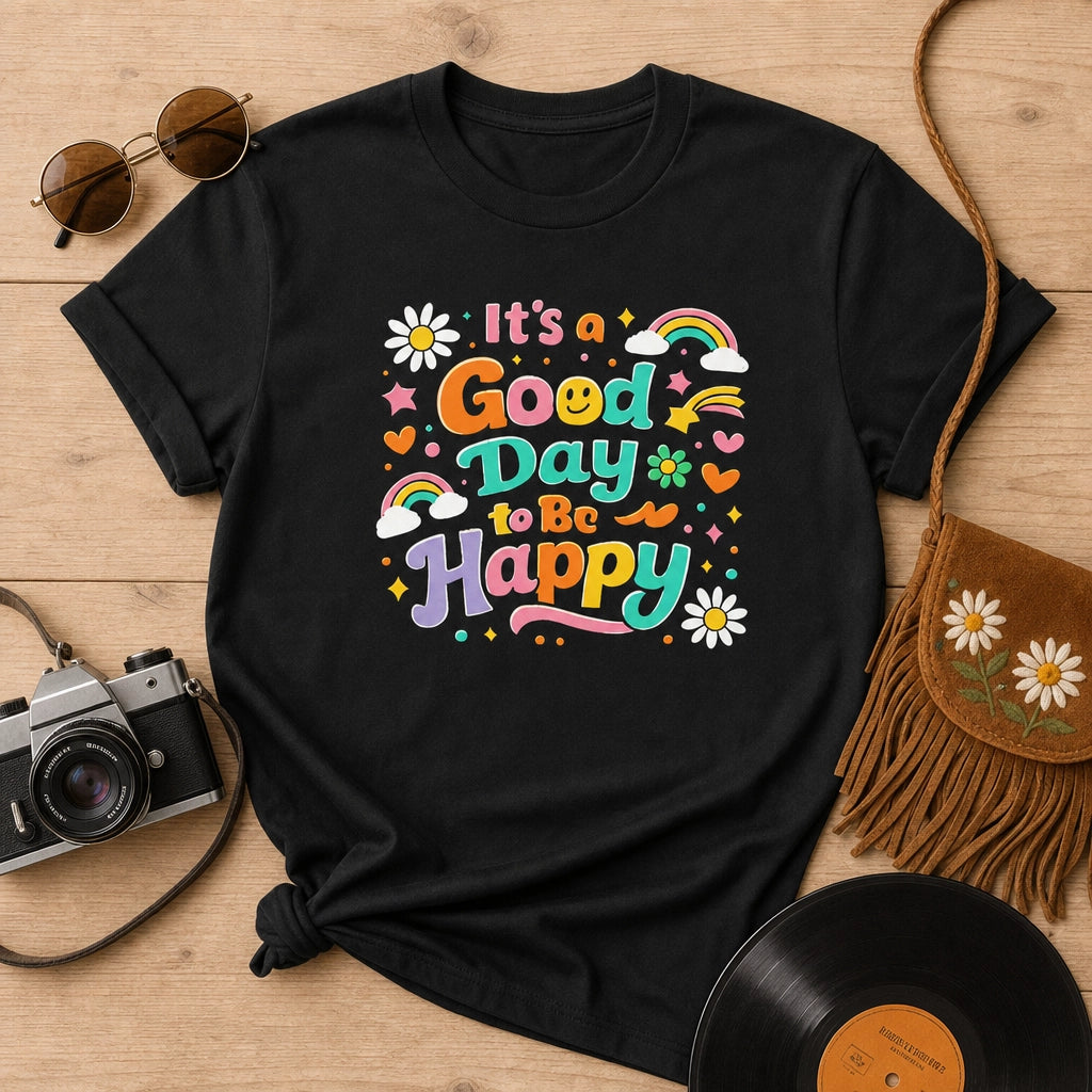 Colorful retro typography reading It’s a Good Day to Be Happy with rainbows, daisies, and stars on a black t-shirt.