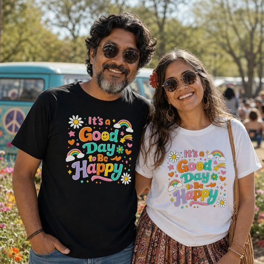 Colorful retro typography reading It’s a Good Day to Be Happy with rainbows, daisies, and stars on a black t-shirt.