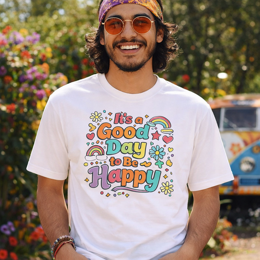 Colorful retro typography reading It’s a Good Day to Be Happy with rainbows, daisies, and stars on a black t-shirt.