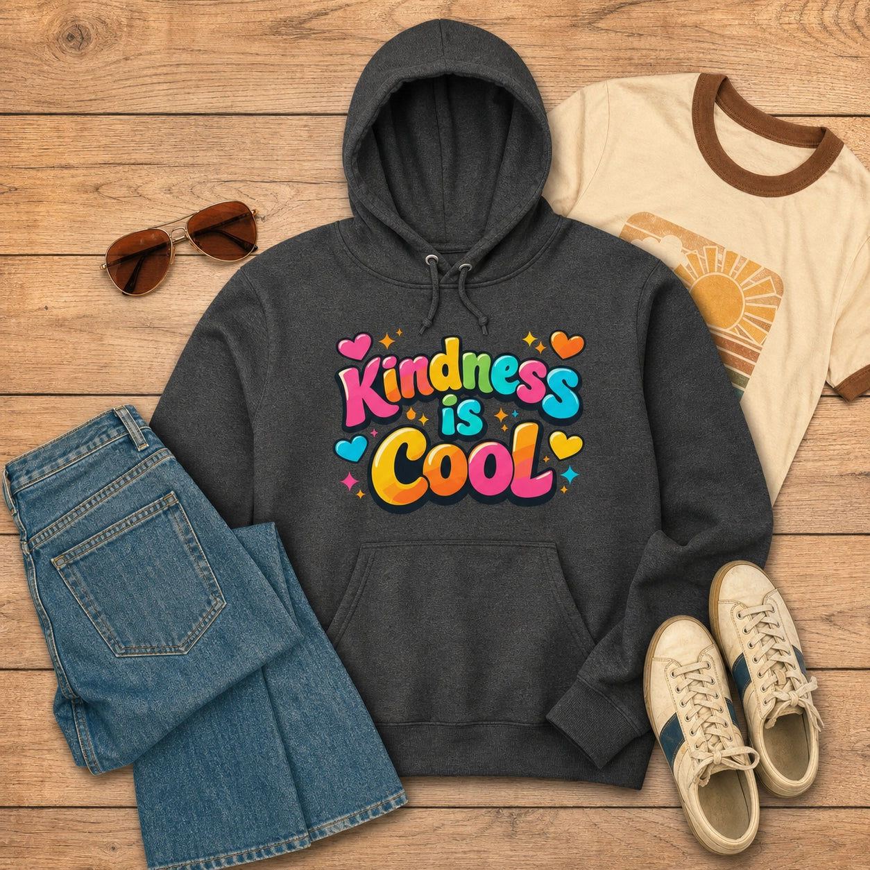A dark charcoal gray hoodie with a colorful 'Kindness is Cool' graphic, styled in a flat lay on a wooden background with a cream ringer t-shirt, blue jeans, sunglasses, and sneakers.