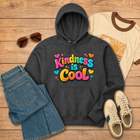 A dark charcoal gray hoodie with a colorful 'Kindness is Cool' graphic, styled in a flat lay on a wooden background with a cream ringer t-shirt, blue jeans, sunglasses, and sneakers.