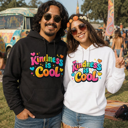Colorful "Kindness is Cool" design in bubble letters with hearts and stars, printed on a high-quality hoodie.