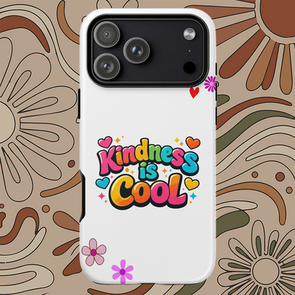 Colorful "Kindness is Cool" bubble text with bright hearts and stars on a black protective iPhone phone case.