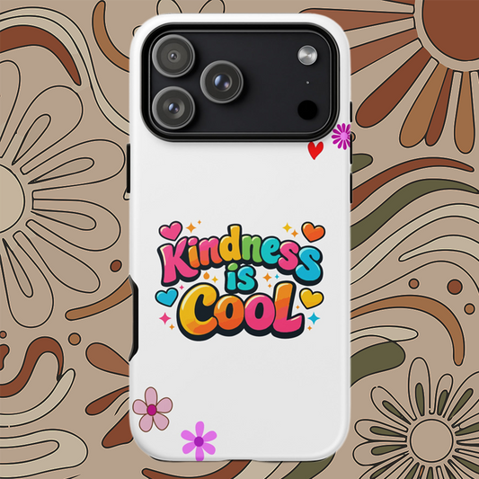Colorful "Kindness is Cool" bubble text with bright hearts and stars on a black protective iPhone phone case.