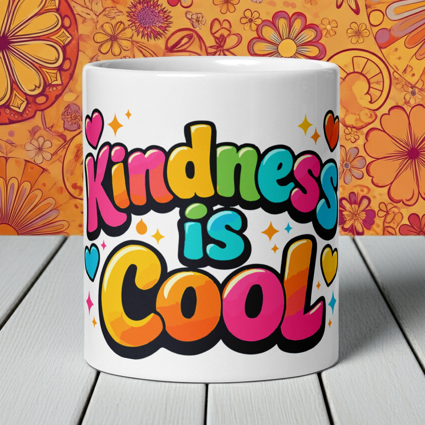 3D bubble lettering saying Kindness is Cool with colorful hearts and stars on a black background for a coffee mug., Faroutgoods