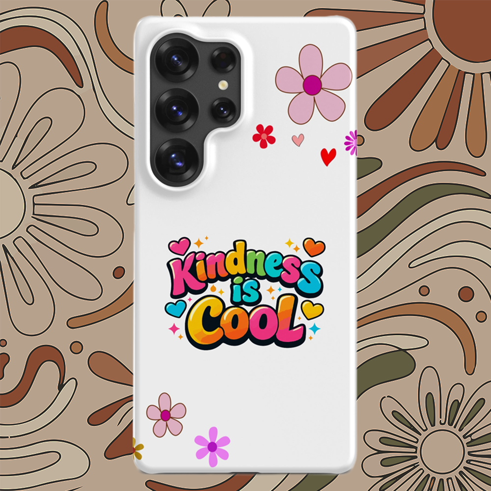 Vibrant "Kindness is Cool" text in colorful bubble letters with hearts on a black Samsung Galaxy phone case.