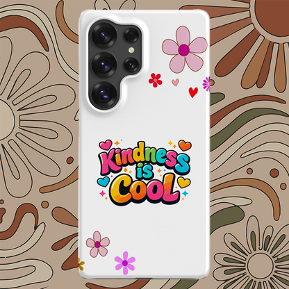Vibrant "Kindness is Cool" text in colorful bubble letters with hearts on a black Samsung Galaxy phone case.