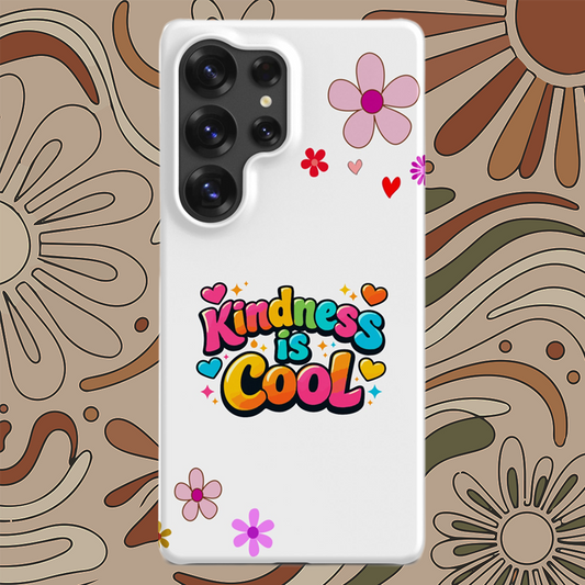 Vibrant "Kindness is Cool" text in colorful bubble letters with hearts on a black Samsung Galaxy phone case.