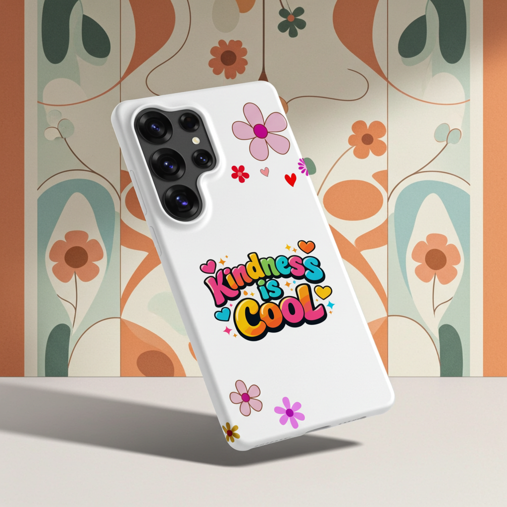 Vibrant "Kindness is Cool" text in colorful bubble letters with hearts on a black Samsung Galaxy phone case.