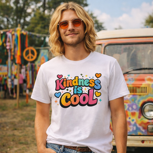 Vibrant "Kindness is Cool" typography design with colorful bubble letters, hearts, and stars on a black background.