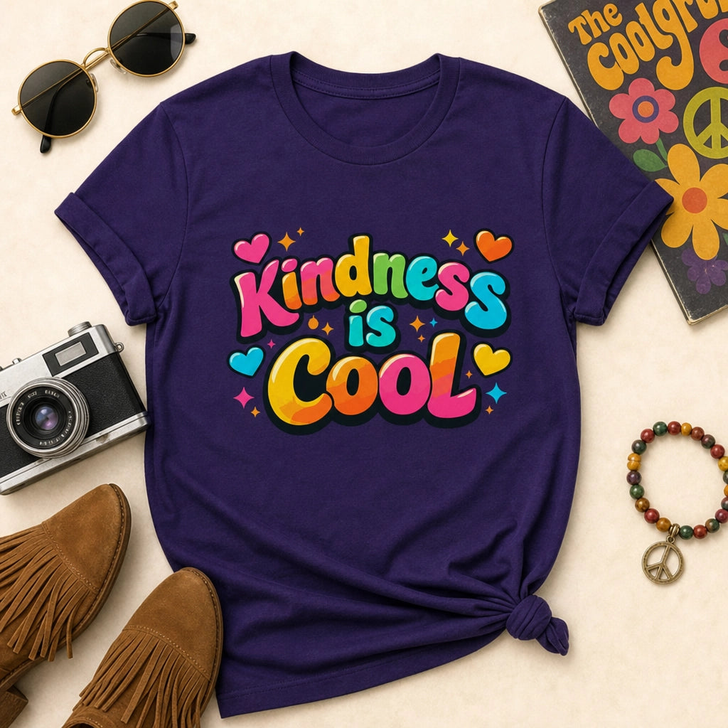 Vibrant "Kindness is Cool" typography design with colorful bubble letters, hearts, and stars on a black background.