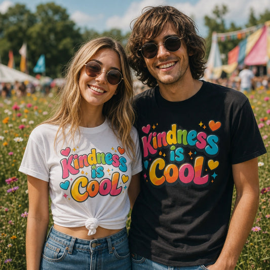 Vibrant "Kindness is Cool" typography design with colorful bubble letters, hearts, and stars on a black background.