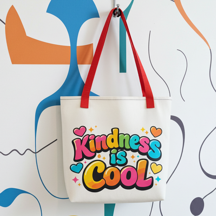 Vibrant 3D bubble lettering saying Kindness is Cool with colorful hearts and stars on a black background for a tote bag.