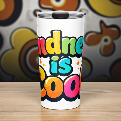 Colorful 3D bubble text reading Kindness is Cool with bright hearts and stars on a black background for a travel mug.