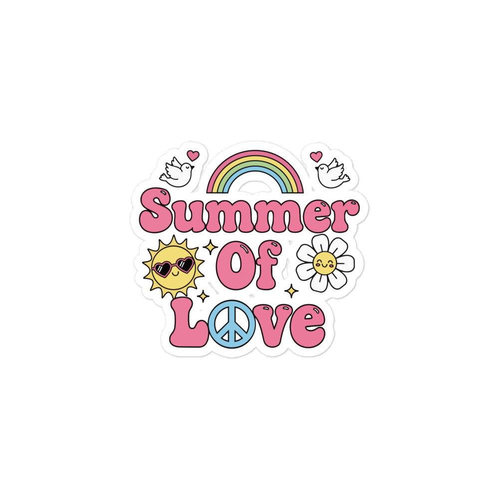 Retro Summer of Love sticker design with pink bubble letters, rainbow, sun, and daisy on a black background.